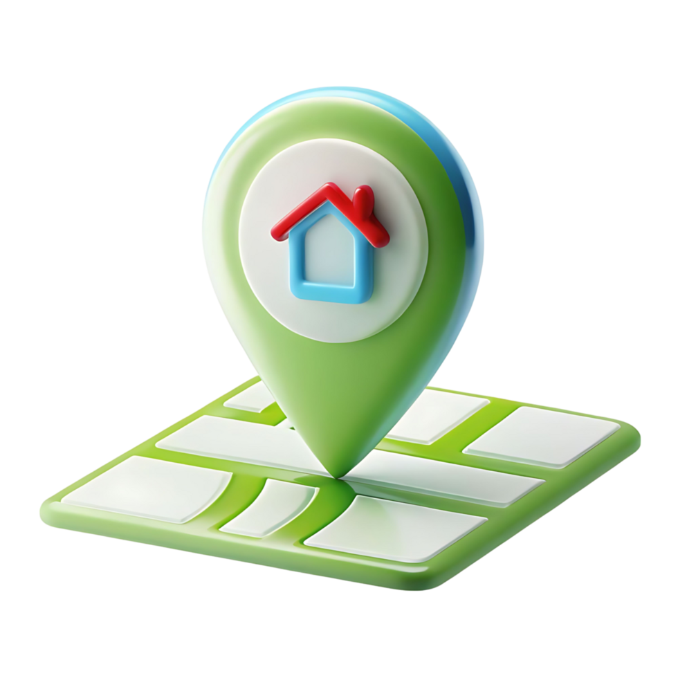 3D Render of a Green and Blue House Location Pin on a Map png