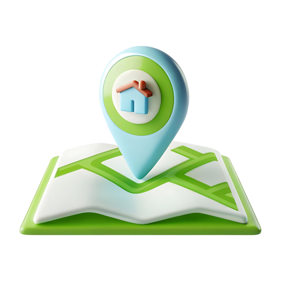 3D Render of a House Location Icon on a Map Application for Real Estate Navigation png