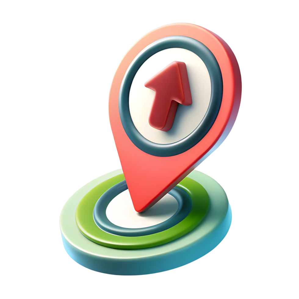 3D Render of a Red Location Pin with an Up Arrow on a Multicolored Circular Base png