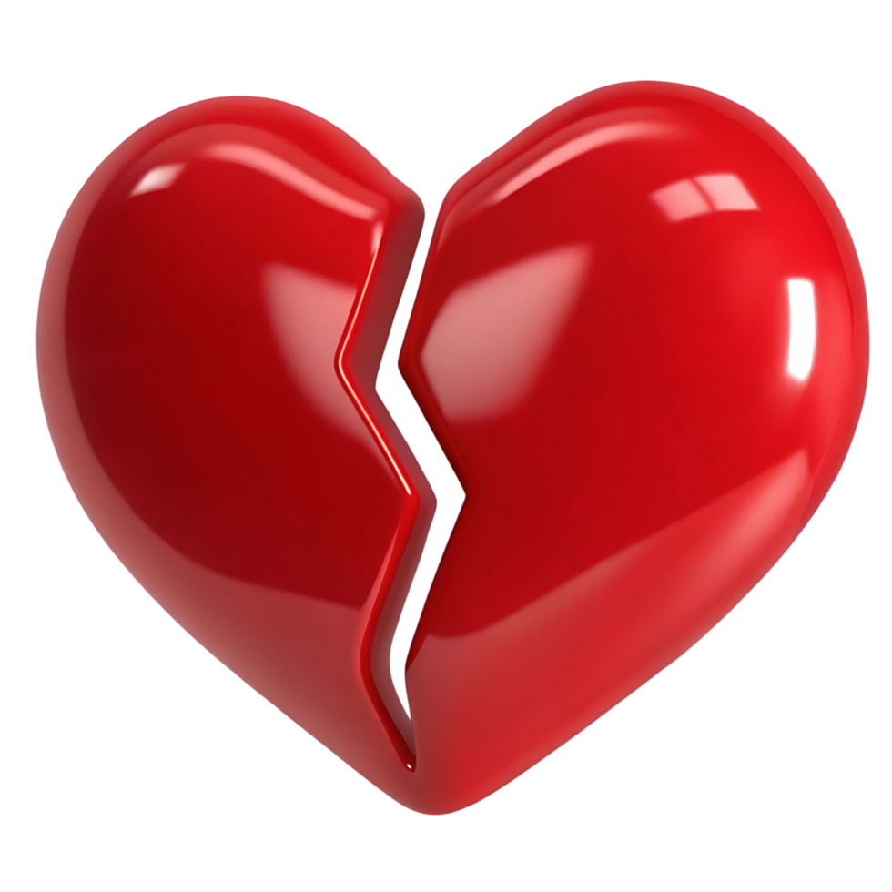 A shiny red heart broken in two pieces isolated on transparent background 3D rendering transparent graphic design png