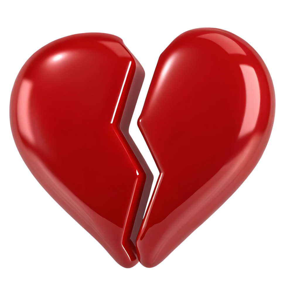 A Shiny Red Heart Broken in Two Pieces Isolated on transparent Background Representing Heartbreak Loss Separation and Sadness png