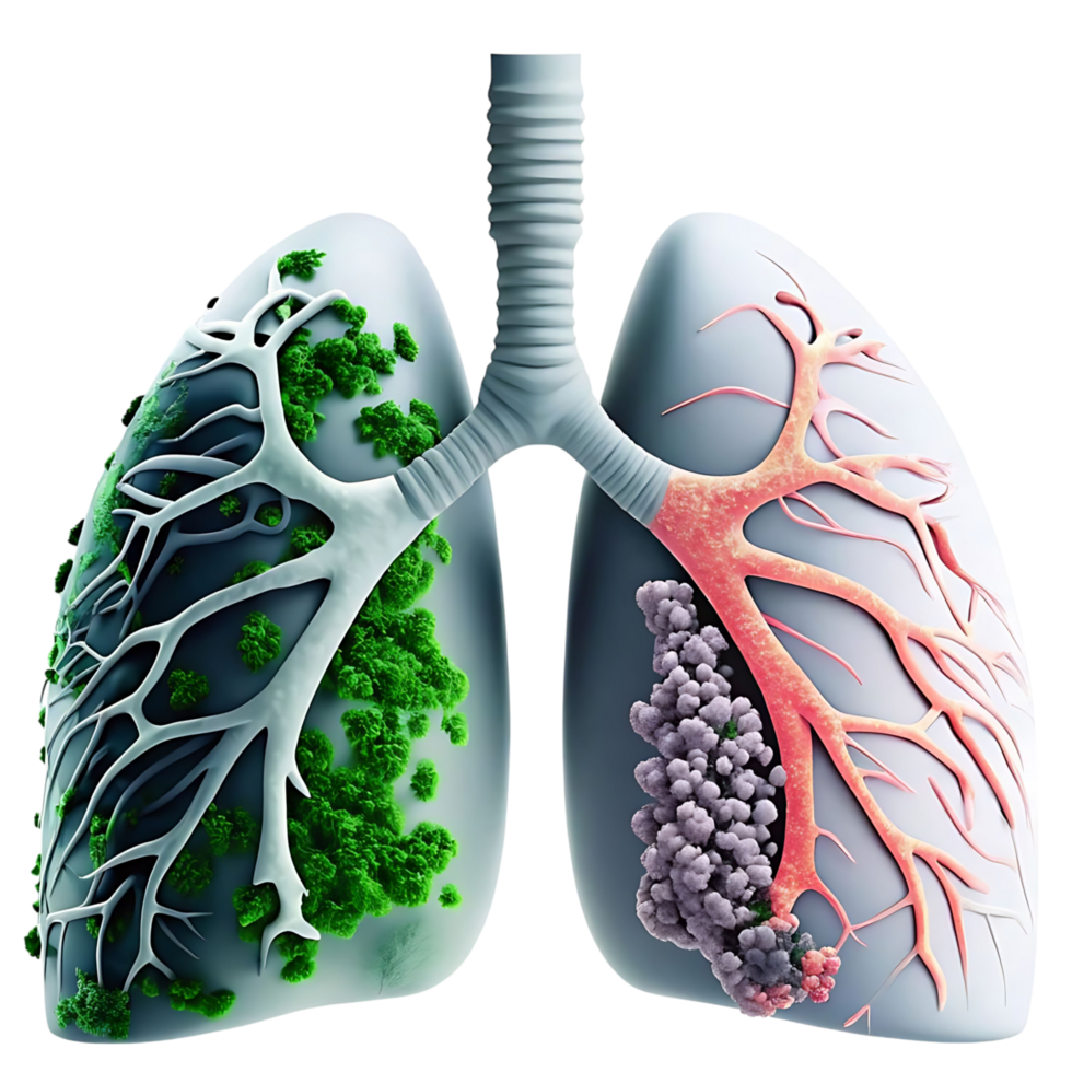 Comparative 3D Rendering of Healthy and Diseased Lungs Showing Bronchial Tree and Alveoli png