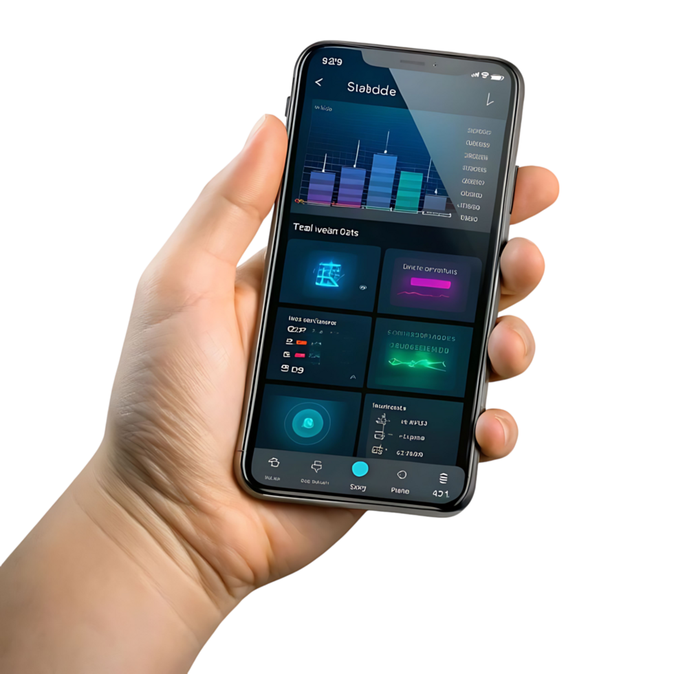 Hand Holding Smartphone Displaying Teal Ivean Oats App Interface with Data Visualizations and Statistics png
