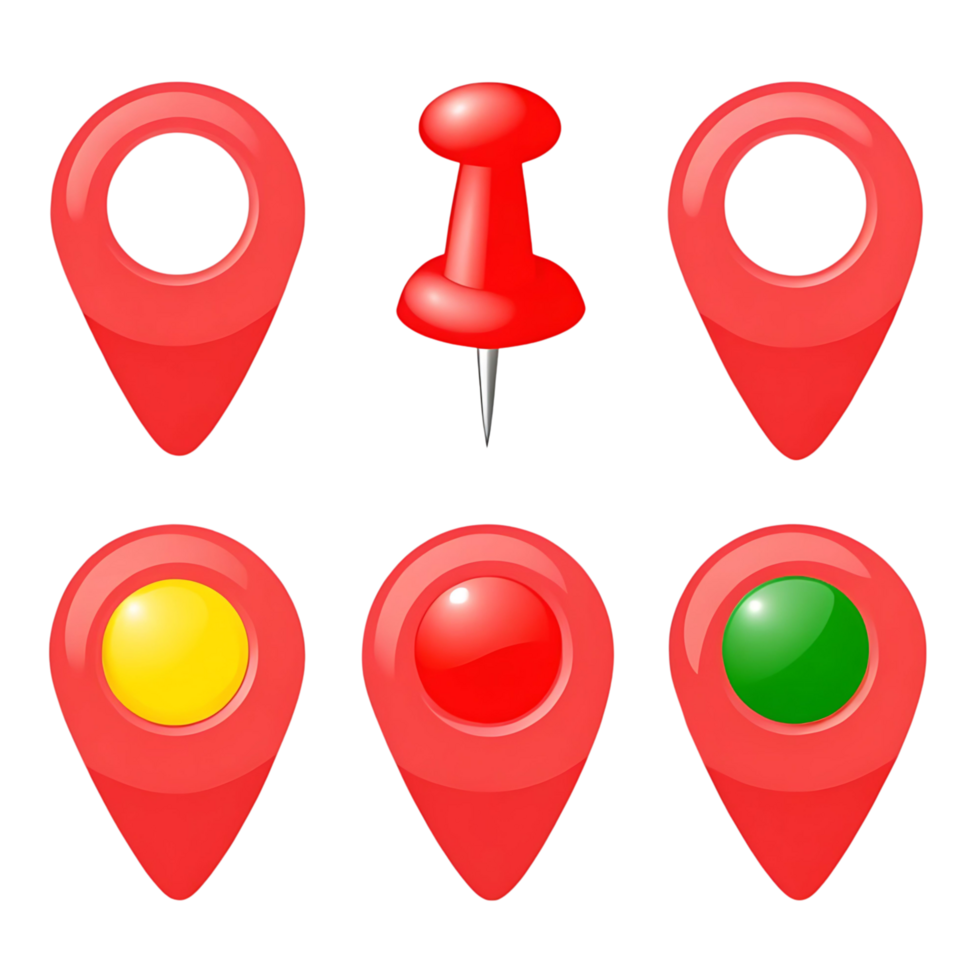 Collection of Red Location Markers and Push Pin Icon Graphics for Maps and Navigation Applications png