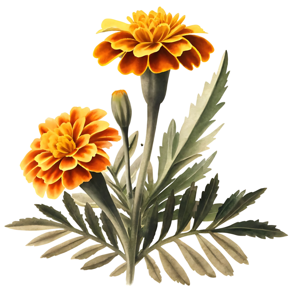 A watercolor painting of two vibrant orange marigolds with lush green foliage against a transparent background png