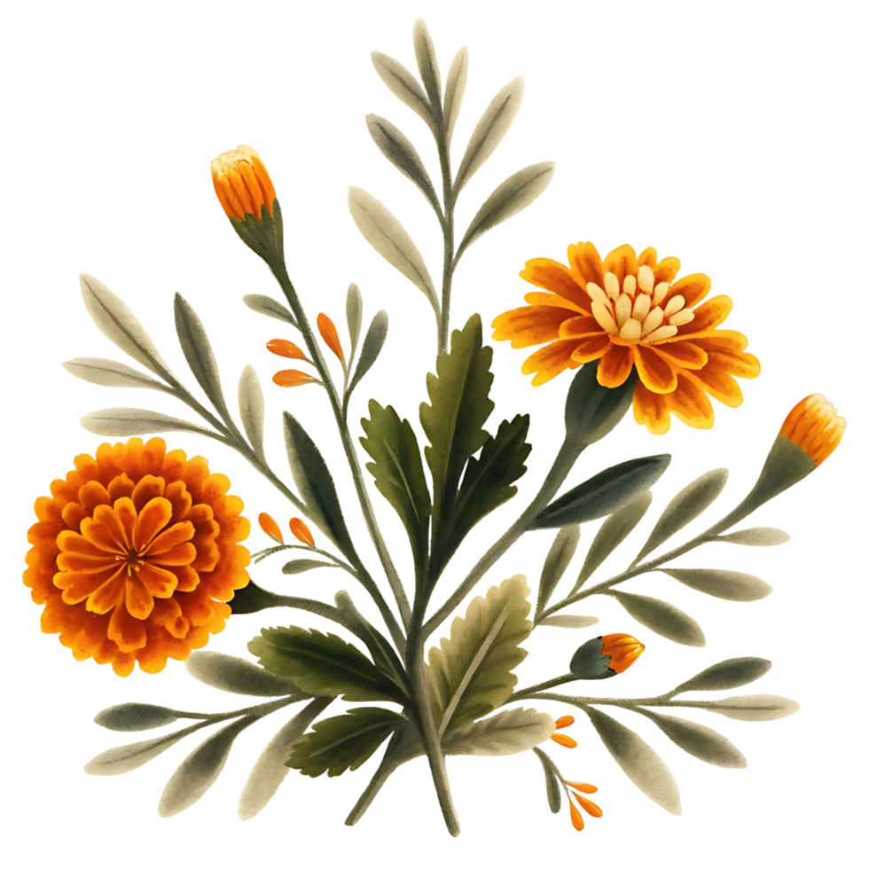 Elegant Watercolor Painting of Orange Marigolds and Delicate Greenery png