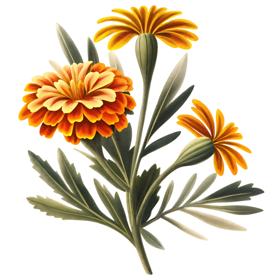 Vibrant Orange and Yellow Marigolds with Lush Green Foliage Botanical transparent png