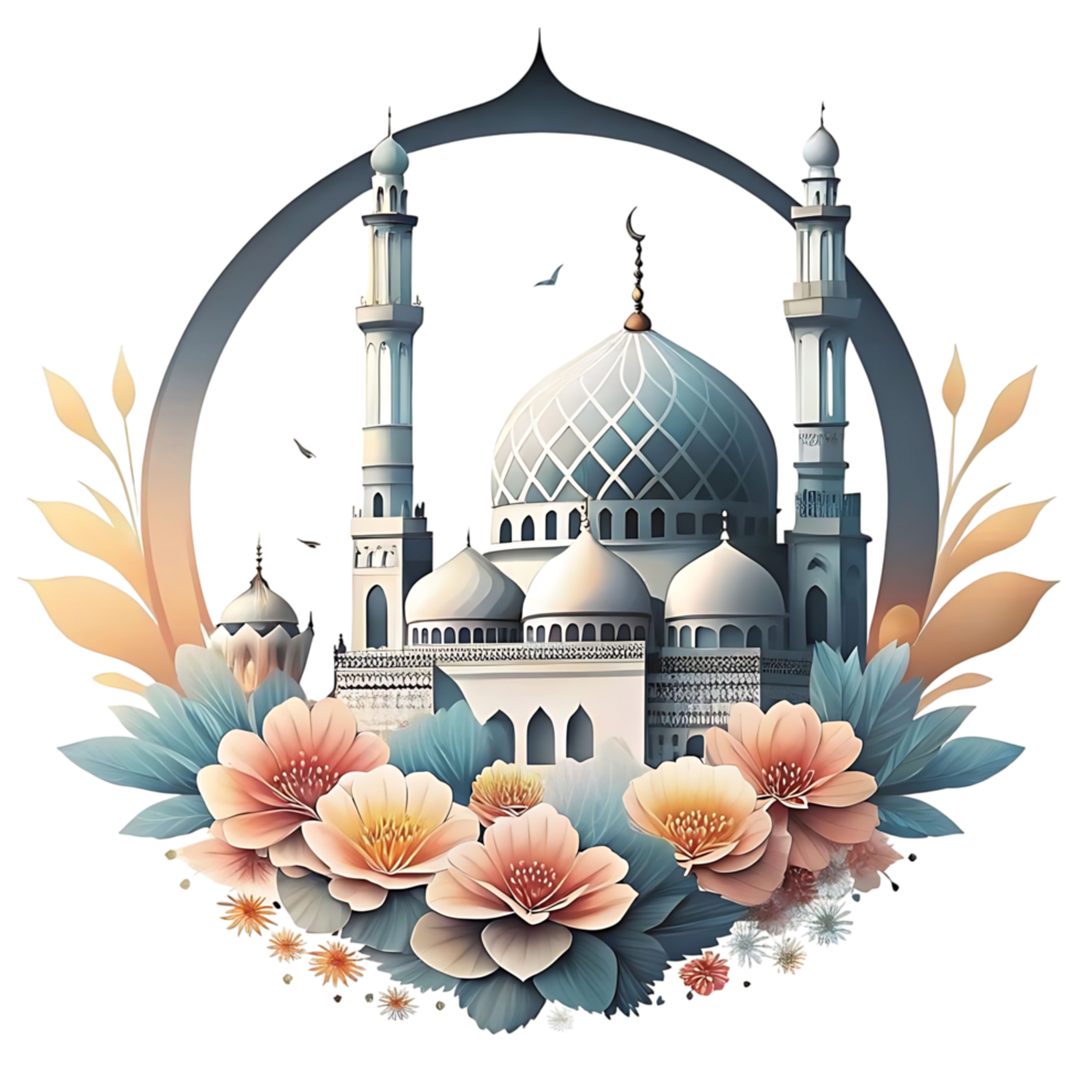 Beautiful White Mosque with Floral Decoration Artistic transparent png