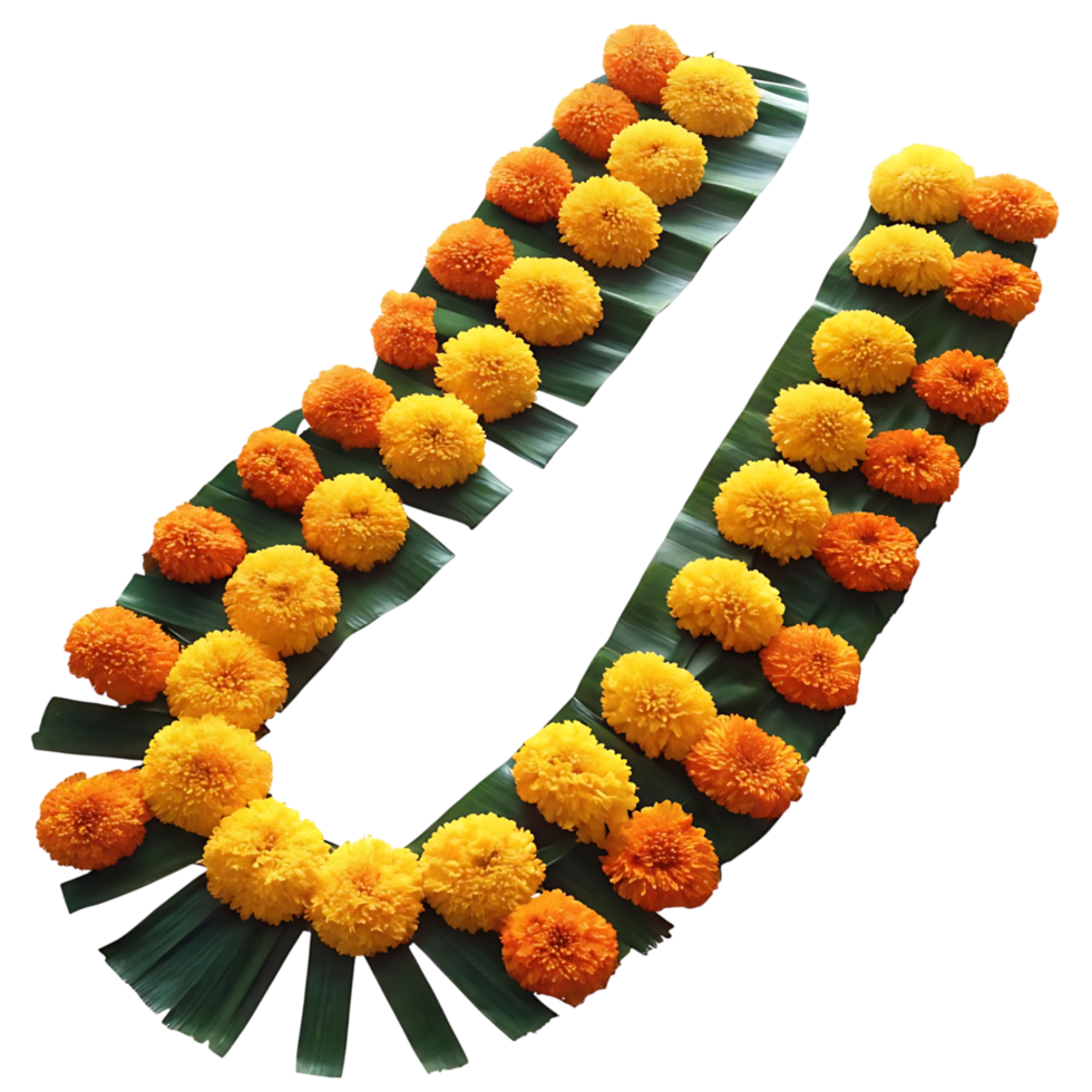 Stunning UShaped Garland of Orange and Yellow Marigolds Arranged on Green Leaves png