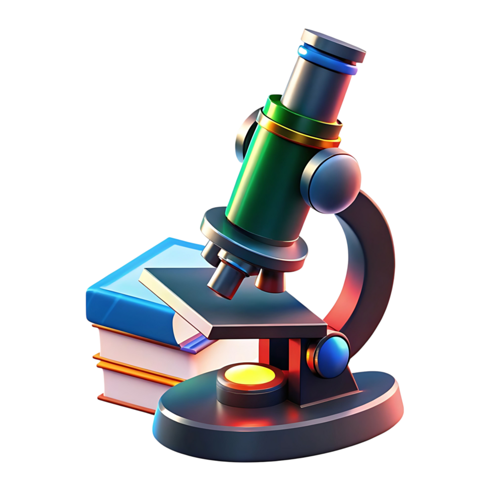 3D Render of a Colorful Microscope with Stack of Books on Dark Background Science Education Research Technology png