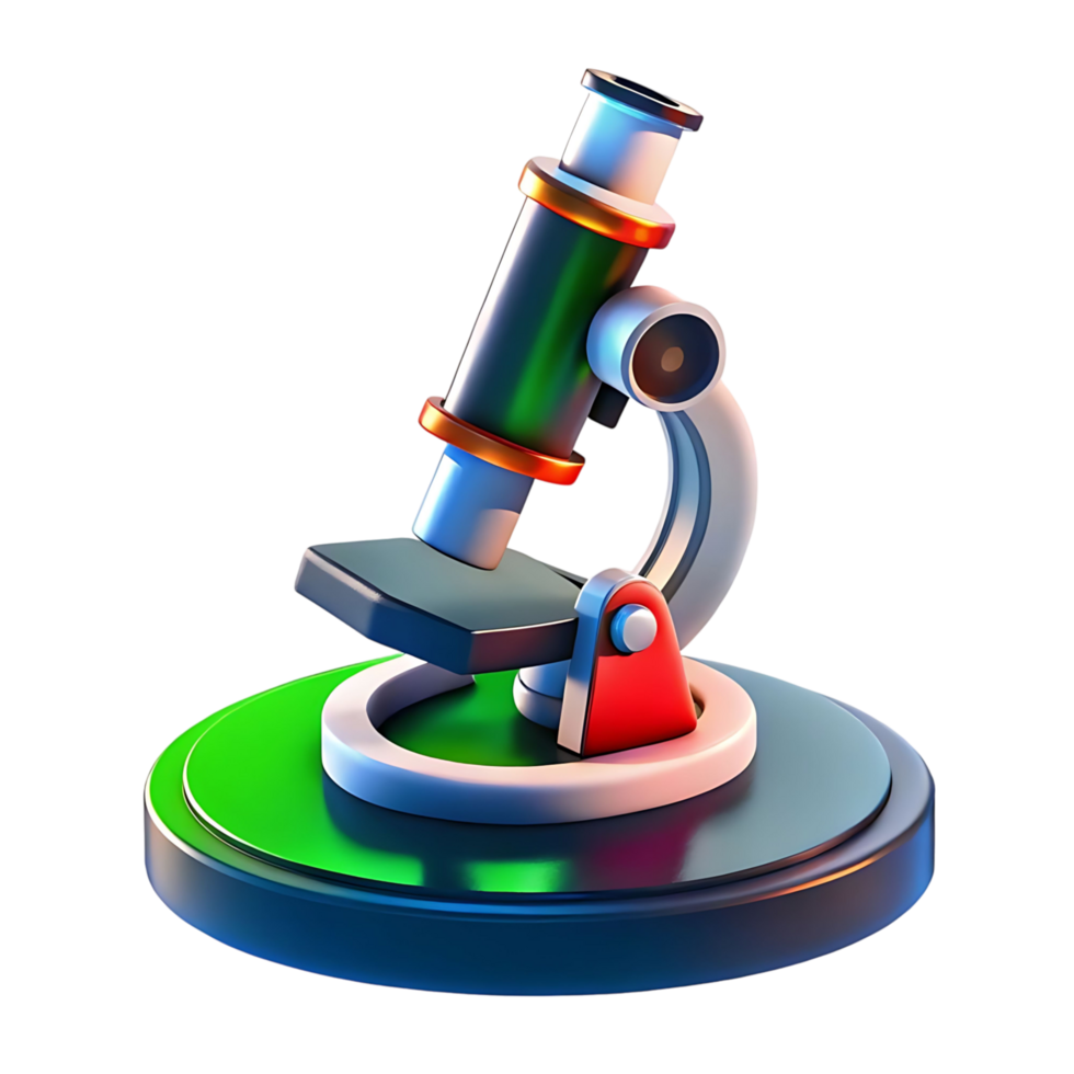 A Colorful 3D Render of a Modern Microscope on a Green Circular Base png
