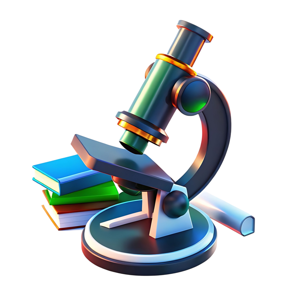 Microscope with Stack of Books and Cylinder 3D Render transparent for Education Science Research and Study png