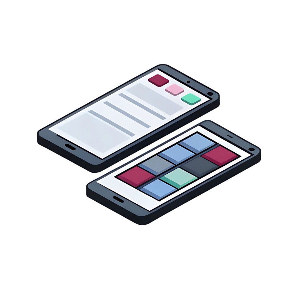 Isometric View of Two Smartphones Displaying Different User Interfaces png