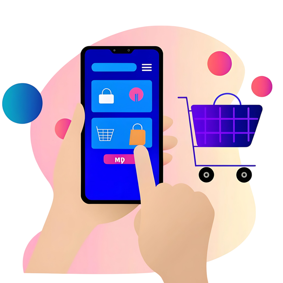 Mobile Shopping App Interface Design with Shopping Cart and Hand Gestures png