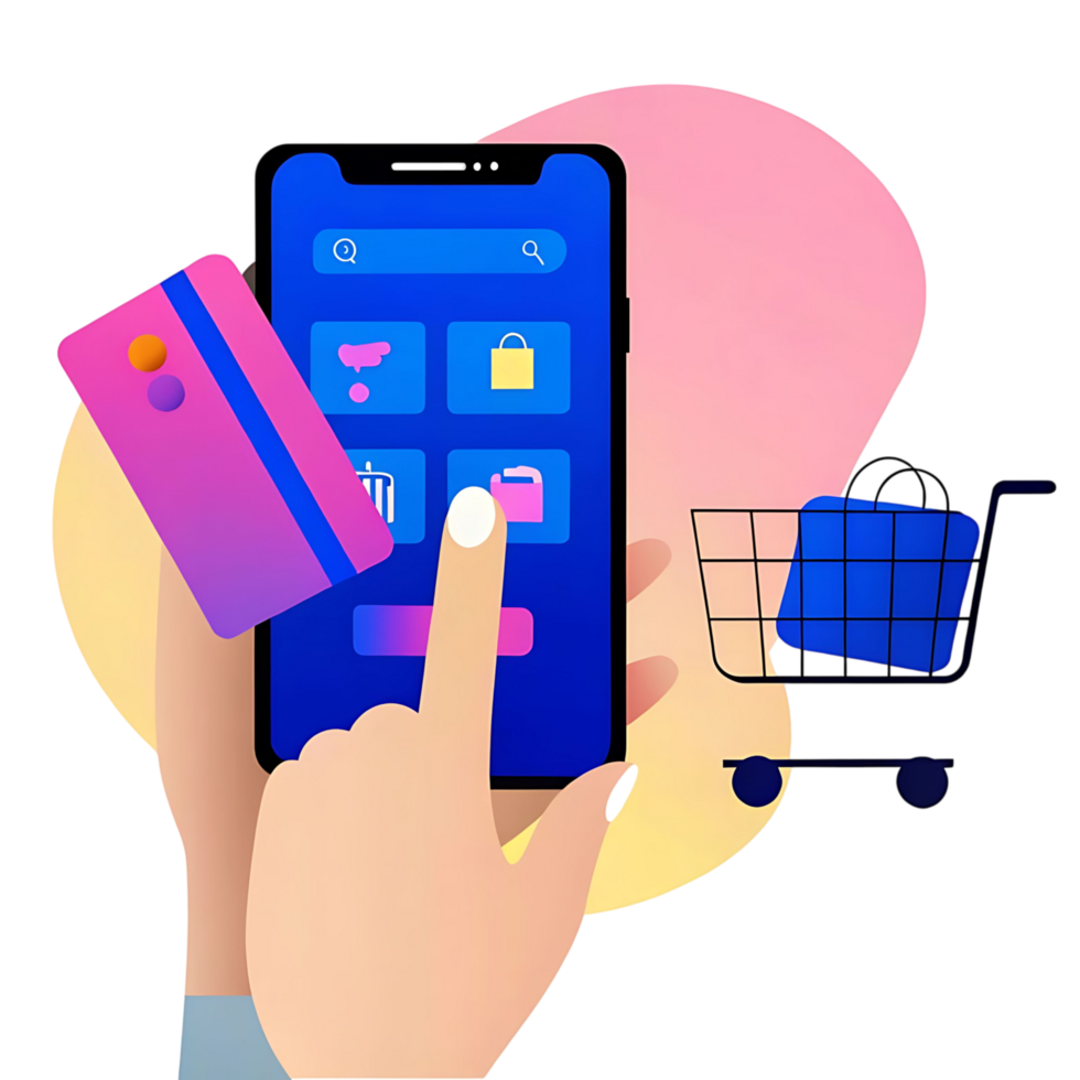 Mobile Phone Shopping App Interface with Credit Card and Shopping Cart png