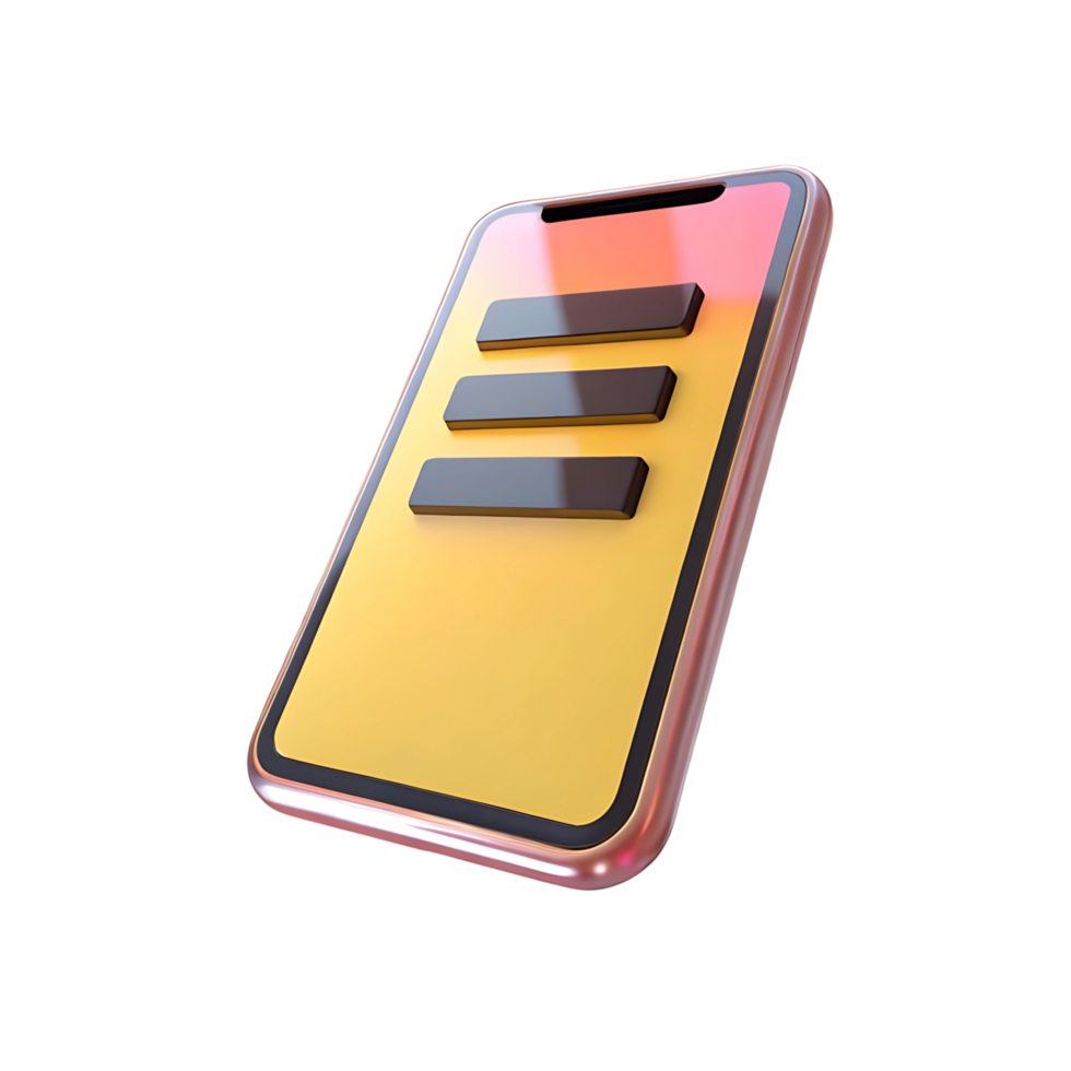 3D Render of a Modern Smartphone with Three Horizontal Menu Buttons on a Yellow Gradient Screen png