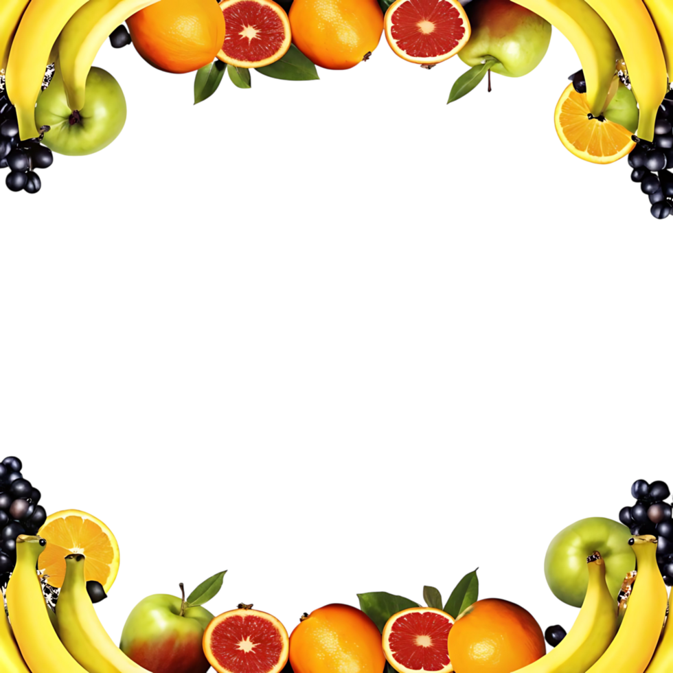 Vibrant Fruit Border on transparent Background Featuring Bananas Apples Oranges and Grapefruit png
