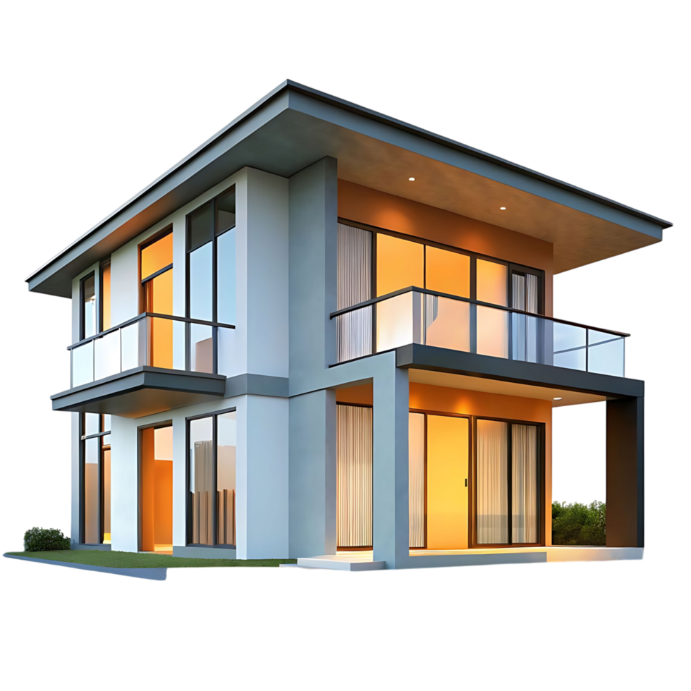 Modern Two Story House Exterior Design with Balcony and Warm Lighting png