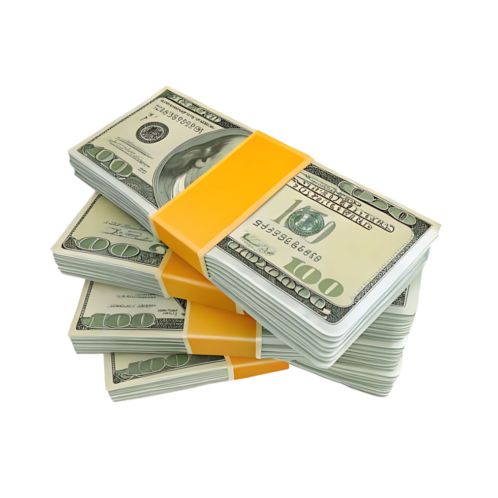 A Stack of One Hundred Dollar Bills Secured with Orange Bands png