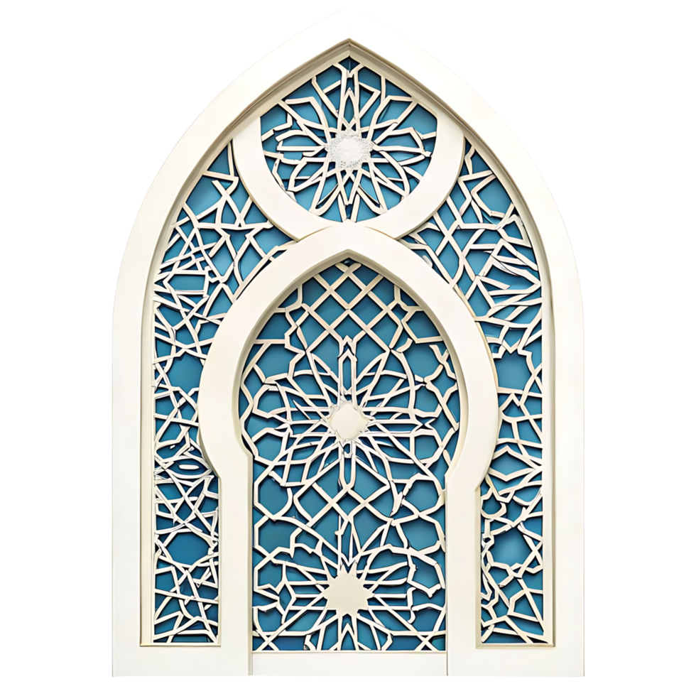 Elegant Islamic Arch Window Design with Intricate Geometric Patterns and Teal Background png