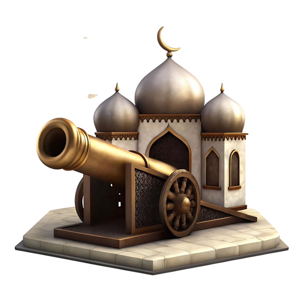 A majestic golden cannon rests before a beautiful mosque a stunning 3D render of islamic architecture and weaponry png