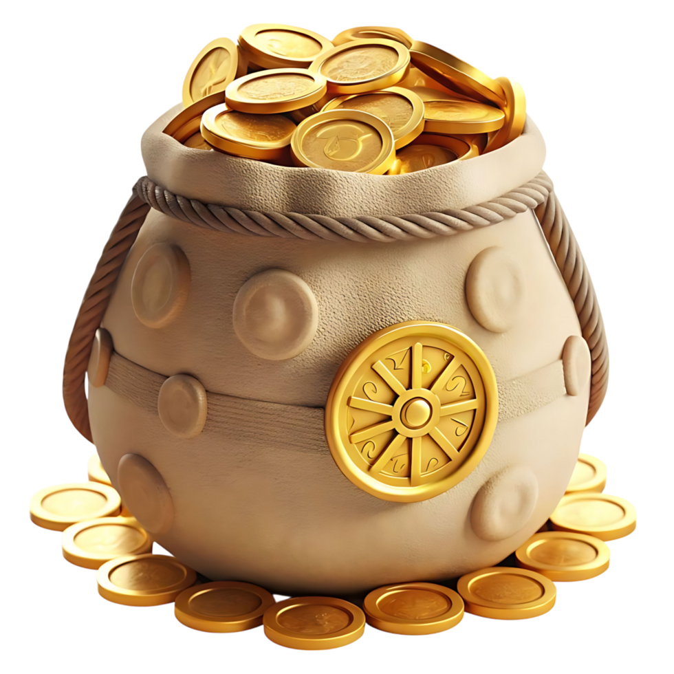 A 3D Render of a Beige Bag Full of Gold Coins with a Combination Lock png