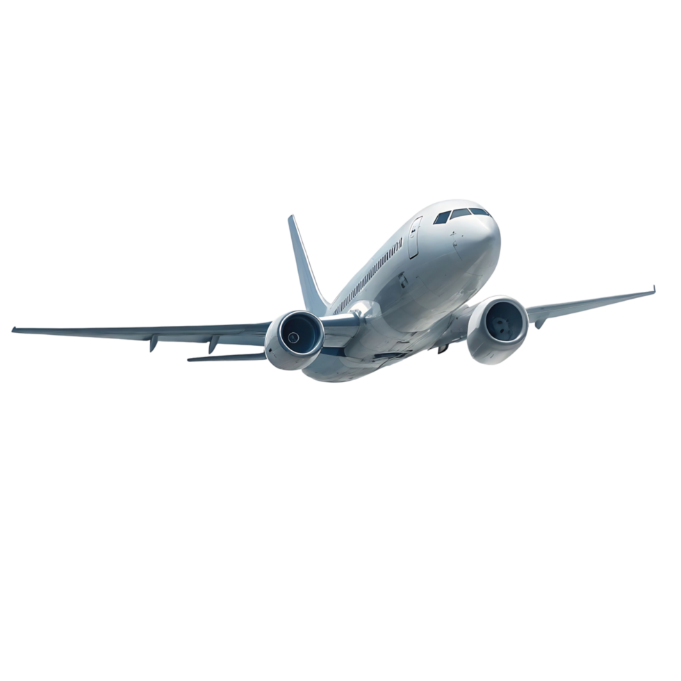 White passenger airplane in flight against a transparent background commercial airliner jet transport aviation png
