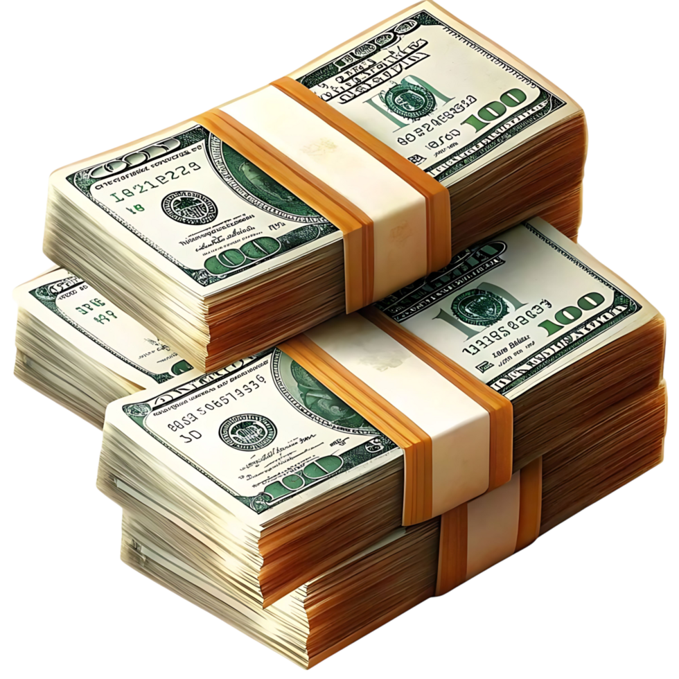 Three Stacks of One Hundred Dollar Bills Secured with Bands png