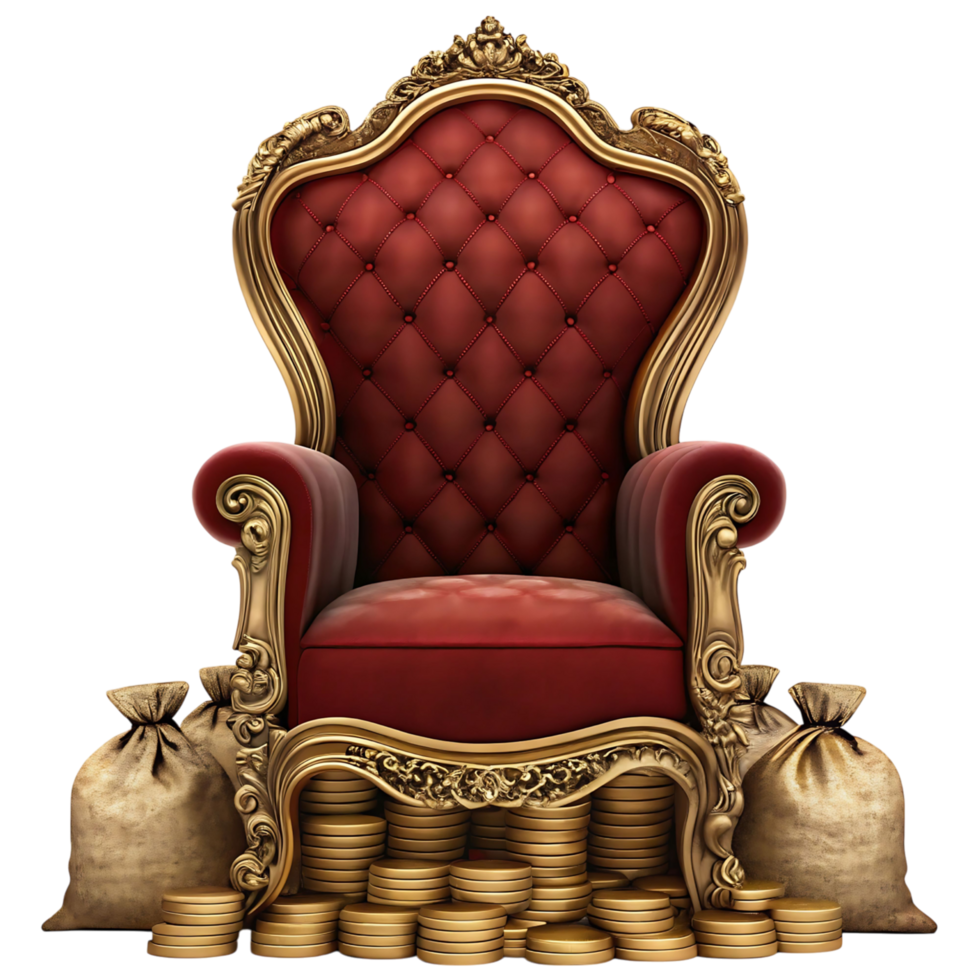 Opulent Gold Throne Surrounded by Stacks of Coins and Money Bags png