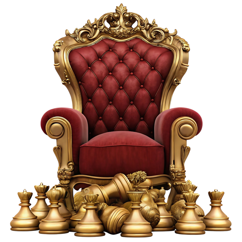 Ornate Gold Throne with Fallen Golden Chess Pieces png
