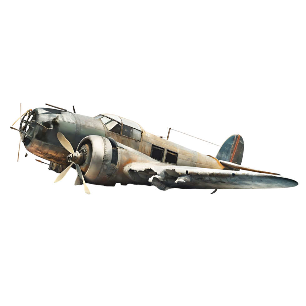 A Damaged Vintage Airplane on transparent Background Rusty Metal War Bird Aircraft Wreckage Old Plane Military Aviation History png