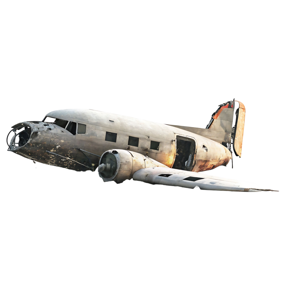 A Damaged Vintage Airplane Wreckage Isolated on transparent Background png