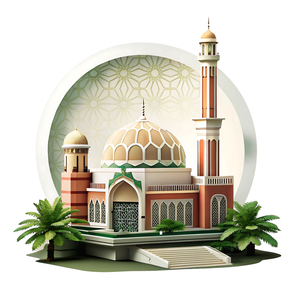 Stunning 3D Render of a Modern Mosque with Palm Trees and Islamic Geometric Pattern png