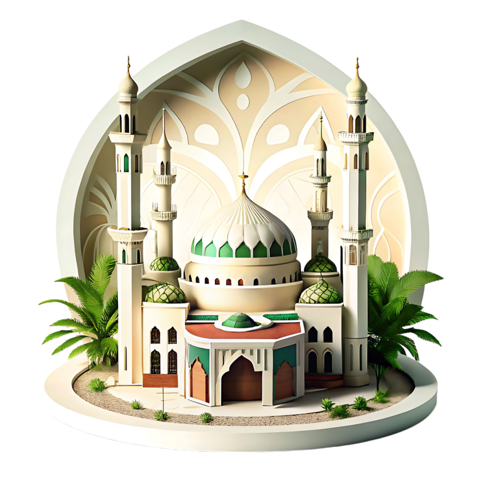 Stunning 3D Render of a Majestic Mosque with Palm Trees and Intricate Architectural Details png