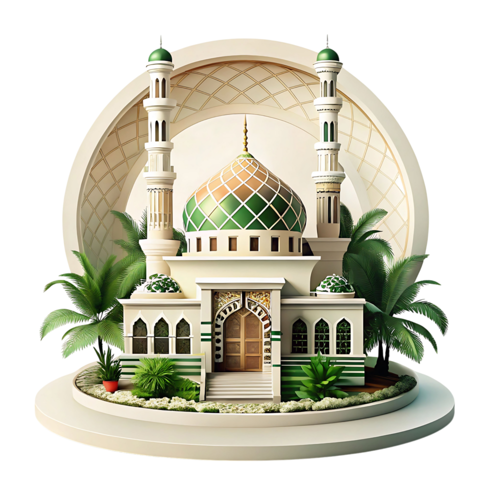 Stunning 3D Render of a Beautiful Mosque with Lush Greenery png