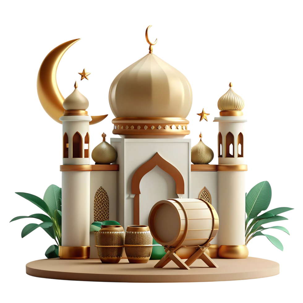 Elegant 3D Render of a Mosque with Golden Crescent Moon and Stars for Ramadan and Eid Celebrations png