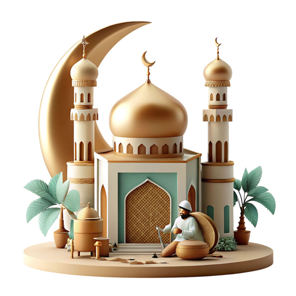 A Stunning 3D Render of a Mosque Under a Crescent Moon with a Person Performing a Ritual png