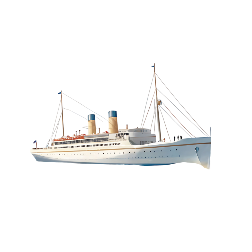 Elegant White Passenger Ship Sailing on Calm Waters A Detailed transparent of a Classic Ocean Liner png