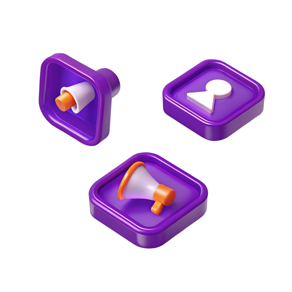 3D Render of Purple Square Buttons with Notification Megaphone and User Icons png