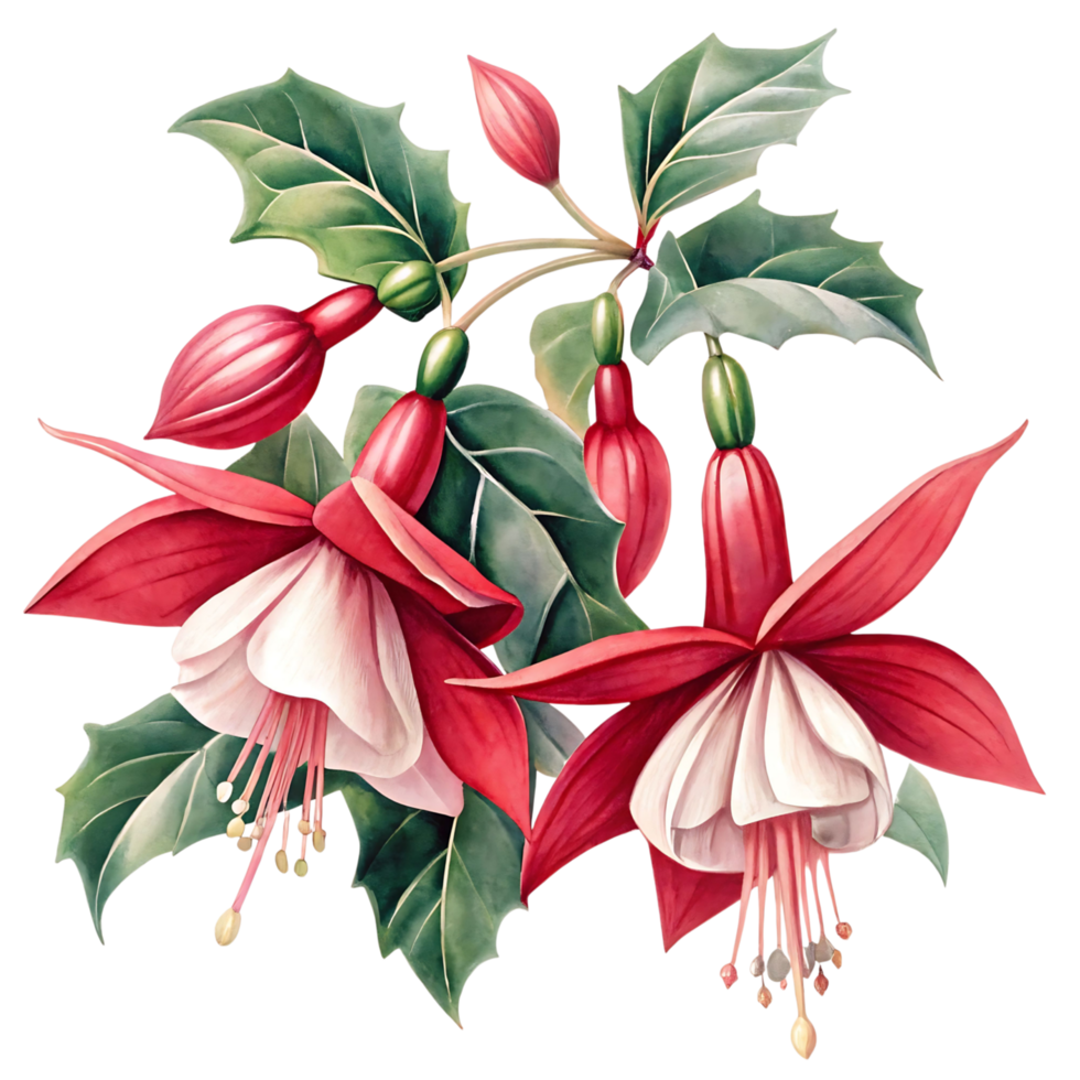 Stunning Watercolor Painting of Two Exquisite Fuchsia Flowers with Lush Green Leaves png