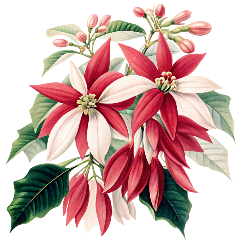 Stunning Botanical transparent of Red and White Flowers with Lush Green Leaves png