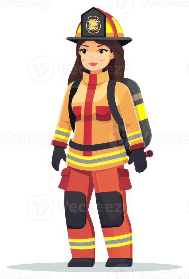 Female firefighter in protective gear standing tall. png
