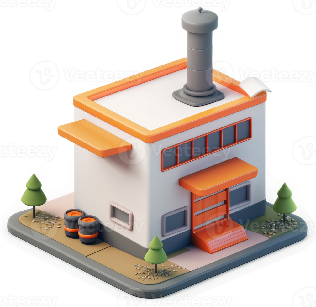 Colorful isometric representation of a small factory building. png