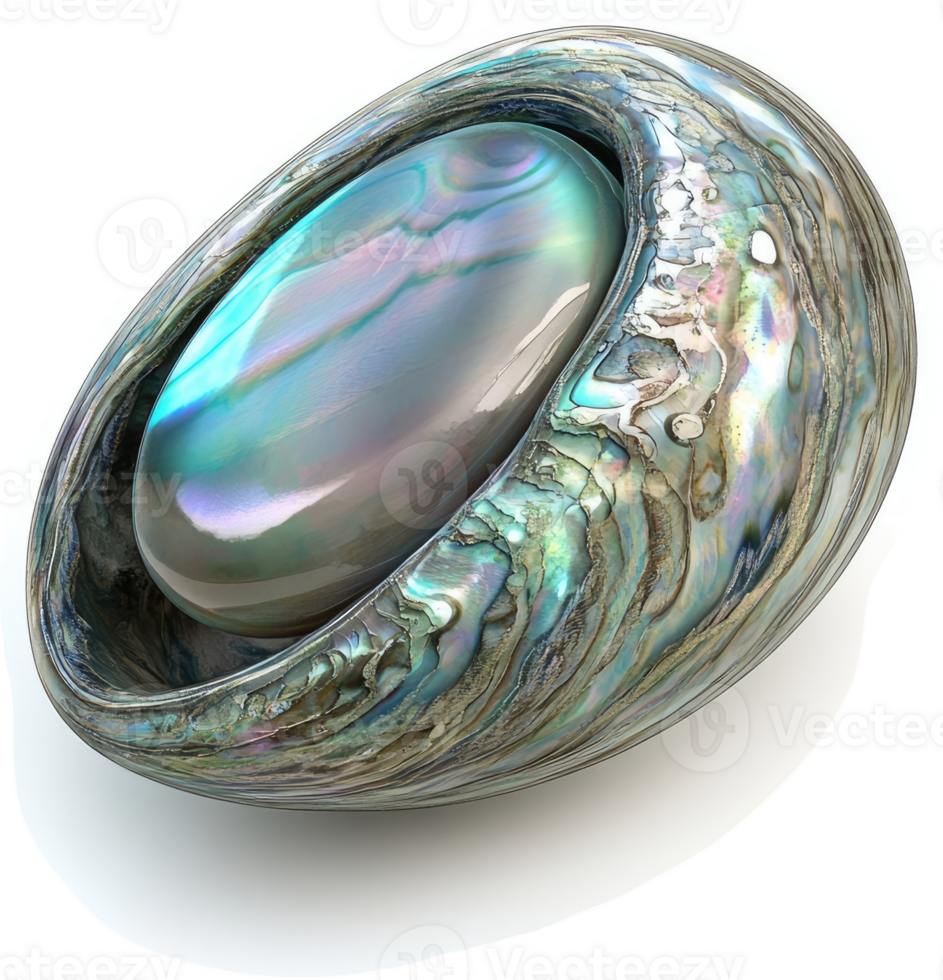 Ornate, iridescent shell-shaped gem encased in a sculpted abalone shell. png