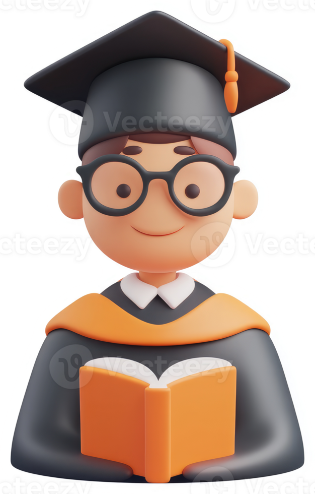 Smiling student in graduation attire holding an open book. png