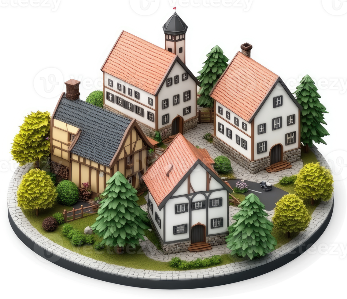 Charming European village model, displayed in a circular layout. png