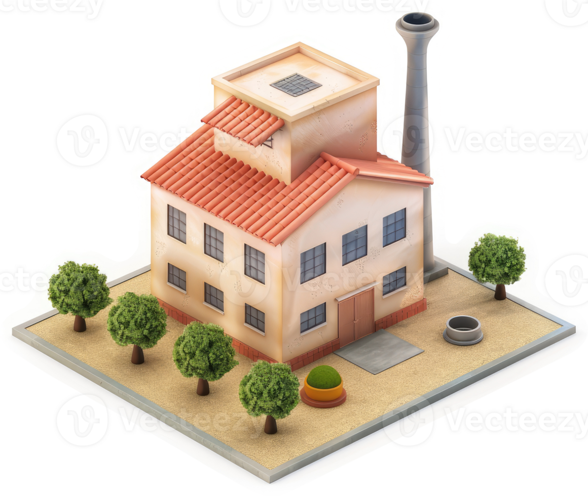 Isometric view of a vintage factory building. png