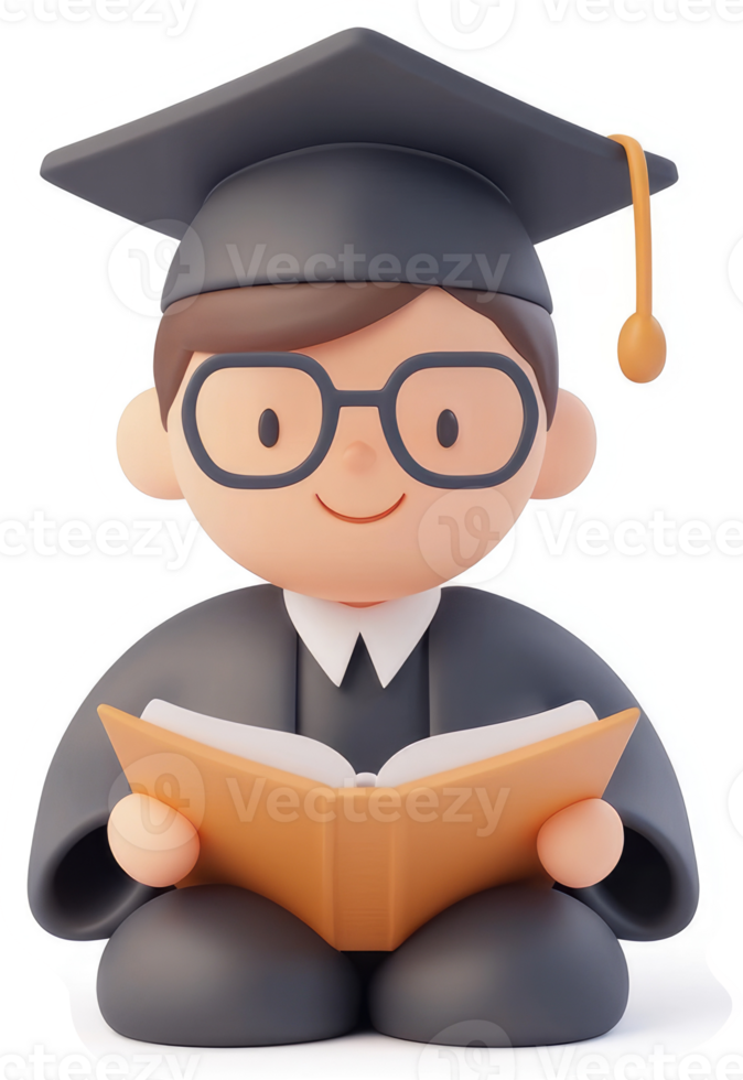 Smiling graduate student seated with an open book. png