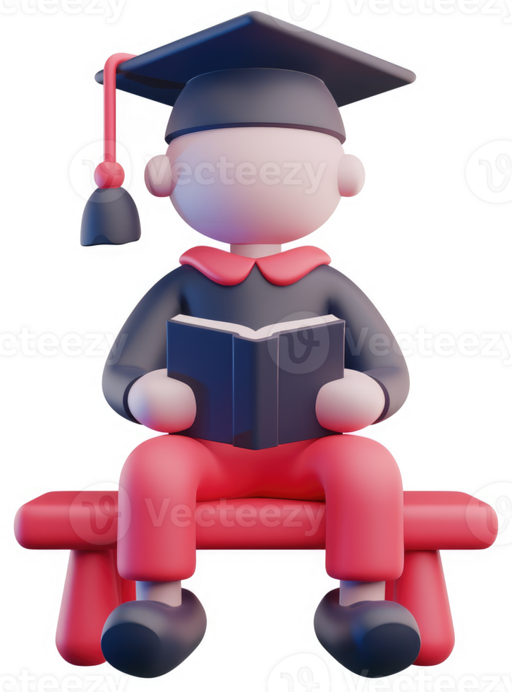 3d illustration of a student sitting on a bench reading a book. png