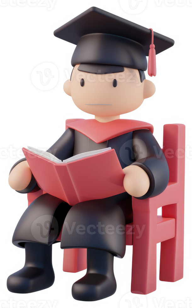 3d cartoon graduate student engrossed in reading. png